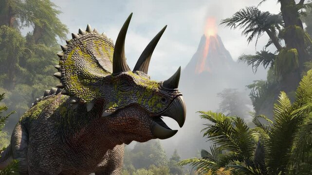 A massive triceratops with cracked horns and moss-covered skin moves slowly through dense ferns in a misty forest, surrounded by giant cycads and the rumble of distant volcanoes
