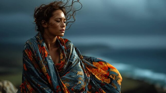 A model polyneisan woman wrapped in a floral pareo on a high cliff, facing the horizon, hair and cloth flying in the icy breeze, clouds sweeping the landscape, somber and atmospheric,