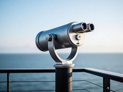 Binoculars on a railing overlooking the sea