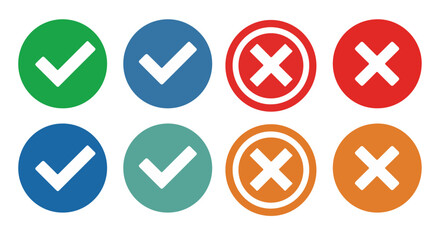 Checkmark and Cross Mark Icons Set.Set of 8 circular checkmark and cross mark icons in various colors/styles. Symbolizes approval/error, correct/incorrect. Ideal for UI, forms, and status.
