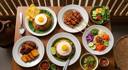 A top-down shot showcasing a delicious Indonesian food spread, beautifully arranged on a wooden table, ready to eat.