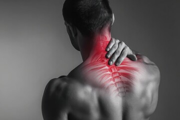Black and white photograph of a man with neck pain. The muscles on his back are highlighted in red, isolated against a grey background.