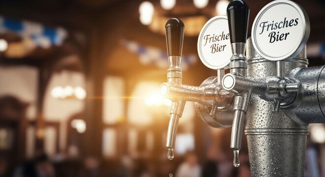 silver beer taps with fresh beer inscription in german, blurred bar background, oktoberfest theme