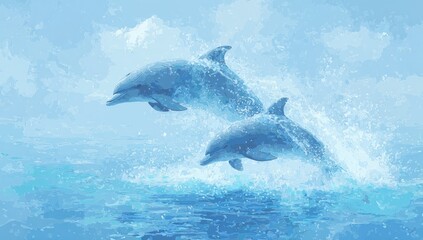 Fototapeta premium Two dolphins leap playfully in a light blue ocean, soft clouds above