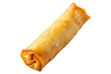 Crispy golden spring roll with flaky texture shown isolated on white transparent background, representing Asian cuisine snack concept