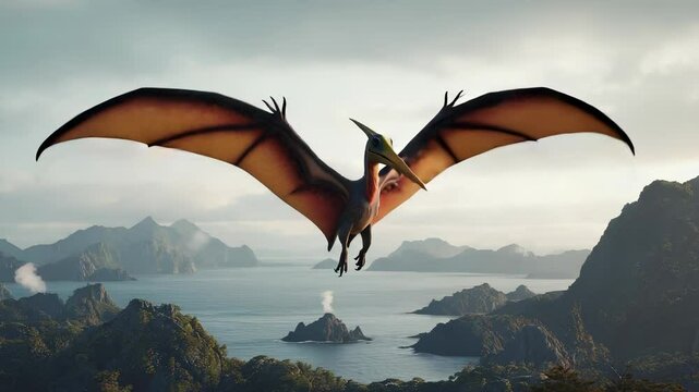 Majestic pterosaur spreads its leathery wings before launching into the sky from a jagged cliff, revealing a breathtaking view of the inland sea and volcanic islands below