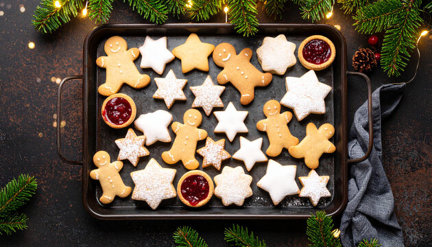 Biscoitos de Natal variados em uma bandeja r&uacute;stica, incluindo gingerbread e estrelas de a&ccedil;&uacute;car.