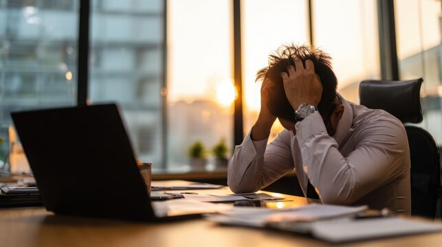 Overwork or excessive working hours concept. A businessman with neck pain is sitting at a desk in the office, holding his head due to work stress.