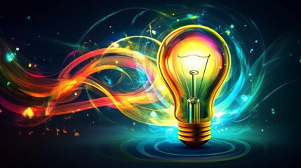 Bright glowing lightbulb surrounded by vibrant, colorful energy waves.