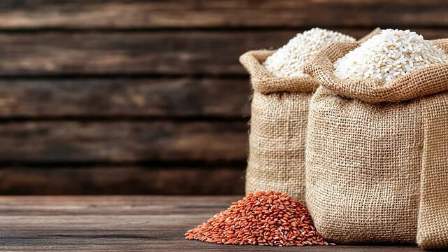 Raw white and red grains in burlap sacks on rustic wooden surface with blurred background for food and agriculture concept