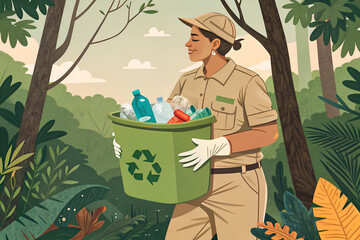 Conservation Worker with Recycling Bin in Forest