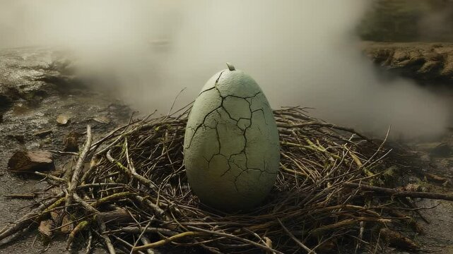 A dinosaur egg rests in a damp nest made of woven leaves and sticks, displaying distinct hairline cracks. Surrounding steam rises from nearby hot springs, creating a mystical atmosphere