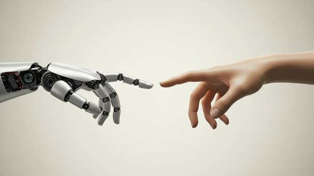 A robot hand reaching out to touch a human hand, symbolizing the connection between technology and humanity