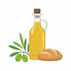 bottle of fresh olive oil with branch with green olives and ciabatta