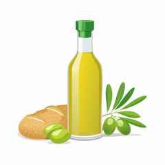 Naklejka premium bottle of fresh olive oil with branch with green olives and ciabatta