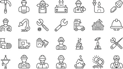 Line art illustration featuring various construction and engineering icons