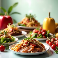A vibrant display of delicious pasta dishes topped with fresh vegetables and herbs, surrounded by colorful bell peppers, tomatoes, and greens, creating a fresh and appetizing dining scene.
