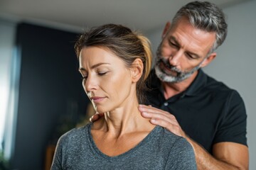 Fototapeta premium Physical therapist treating a patient, with neck therapy in a clinic office.