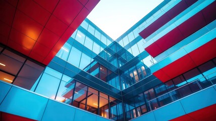 Modern Architectural Building with Glass Facades and Red Lighting
