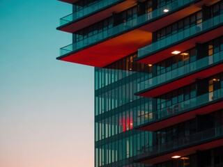 Modern Architectural Building with Glass Facades and Red Lighting