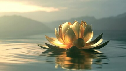 Golden lotus flower on water a serene still life image perfect for digital art nature and peaceful themes ideal for high quality print advertising and editorial designs