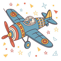cartoon, illustration, colorful, vintage toy airplane, playful, whimsical, retro style, geometric shapes, stars, triangles, vibrant colors, playful aesthetic, hand-drawn, childlike, dynamic compositio