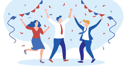 Three people celebrating with raised arms under a garland and confetti in a light blue background