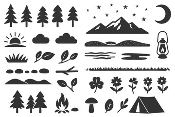 Outdoor and nature themed black silhouette icon set

