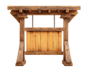 Wooden ranch gate with hanging signboard, rustic style, weathered wood texture, isolated on transparency background, suitable for western, countryside, or farm entrance decoration