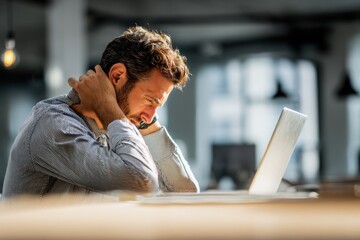 Unhappy businessman suffering from neck pain in the office, laptop on the desk, blurred background. Distressed man with his head between his hands and face down at the work table.