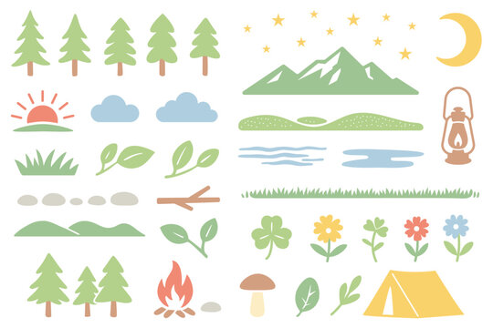 Colorful flat icon set with outdoor and nature illustrations for camping themes

