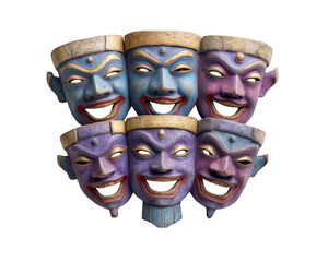 Six colorful traditional masks with wide open mouths, joyful expressions, and intricate details,...