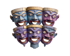 Six colorful traditional masks with wide open mouths, joyful expressions, and intricate details, arranged in two rows, isolated on transparency background