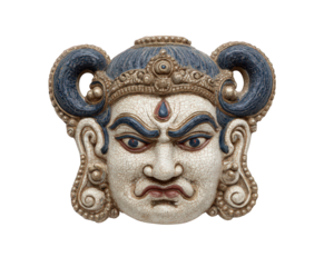 Traditional mask Indian mask Hindu epic Ramayana fierce expression blue hair ornate cultural mythology decorative wall art. This mask features fierce expression with blue hair and ornate details