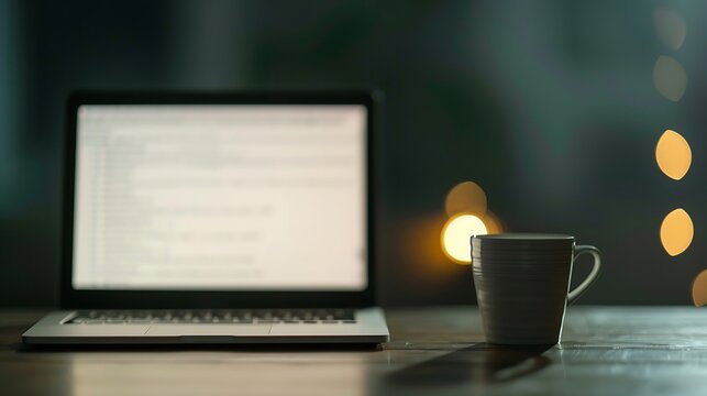 Cozy evening with laptop and coffee mug illuminates a modern workspace