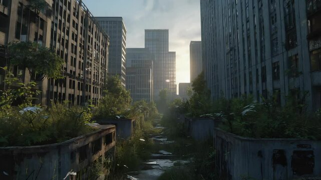 A rooftop garden is enveloped by wild plants and weeds, with dry leaves rustling in the wind. Broken glass reflects sunlight as the skyline looms eerily empty in the background