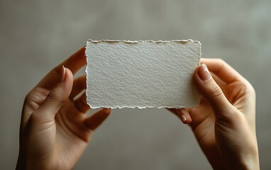 Handheld paper mockup with deckled edges on blurred background

