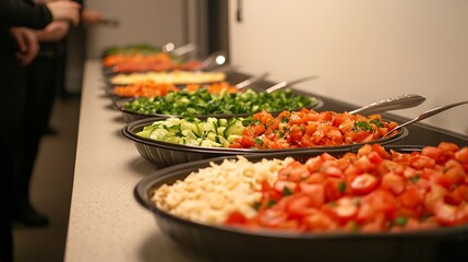 Obraz premium Fresh Salad Bar Buffet with Chopped Tomatoes and Cucumbers