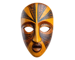 Hand painted wooden mask with intricate tribal patterns, orange and black color, cultural artifact,...