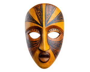 Hand painted wooden mask with intricate tribal patterns, orange and black color, cultural artifact, traditional design, expressive face, isolated on transparency background