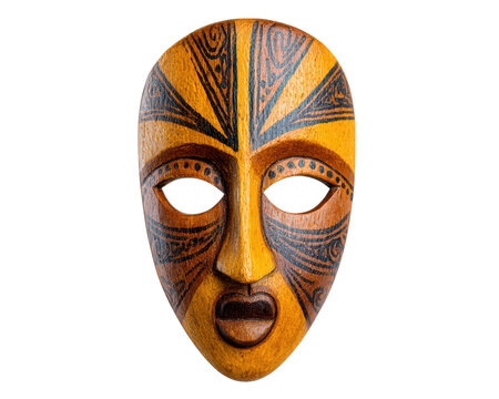 Hand painted wooden mask with intricate tribal patterns, orange and black color, cultural artifact, traditional design, expressive face, isolated on transparency background