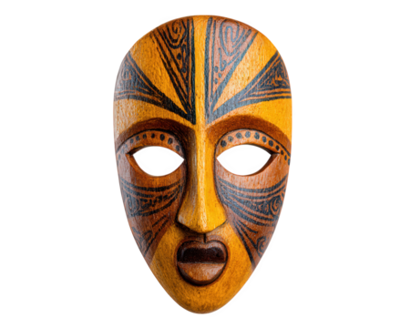 Hand painted wooden mask with intricate tribal patterns, orange and black color, cultural artifact, traditional design, expressive face, isolated on transparency background