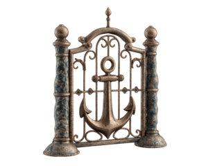 Antique anchor motif gate with weathered metal finish, ornate pillar design, and nautical style, perfect for coastal decor or maritime themed architecture