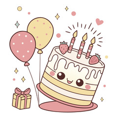 balloons, birthday cake, candles, cute, kawaii, pastel colors, shiny, sparkles, party, celebration
