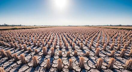 Fototapeta premium Dried Rice Paddy Field Under Harsh Sunlight A View of Climate Change Impact