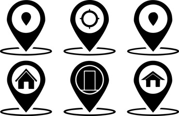 Image features a set of six black location and home icons on a white background. The top row consists of three location pin icons, each with a circular cutout in the center. The first two pins are ide