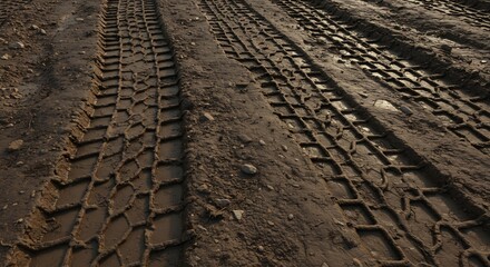 Detailed view of deep wet tire tracks on a muddy dirt road with scattered small stones