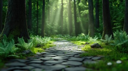 Dawn sun breaks through high trees, bathing the forest walk in a soft, golden glow.