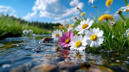 Clear water flows gently through a field of colorful blossoms, reflecting the bright sky above.