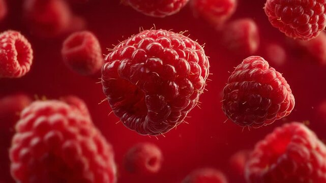 Fresh raspberries floating in air on red background, 3D render